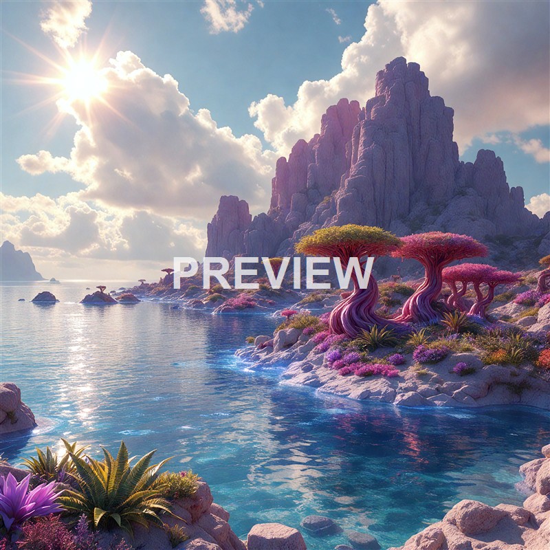 A fantastical landscape featuring a body of water, colorful unusual trees with twisted trunks, and towering rocky mountains under a partly cloudy sky with the sun shining brightly.